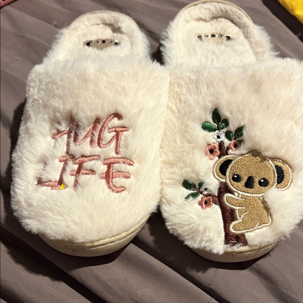 Fuzzy Koala Slippers with Embroidery